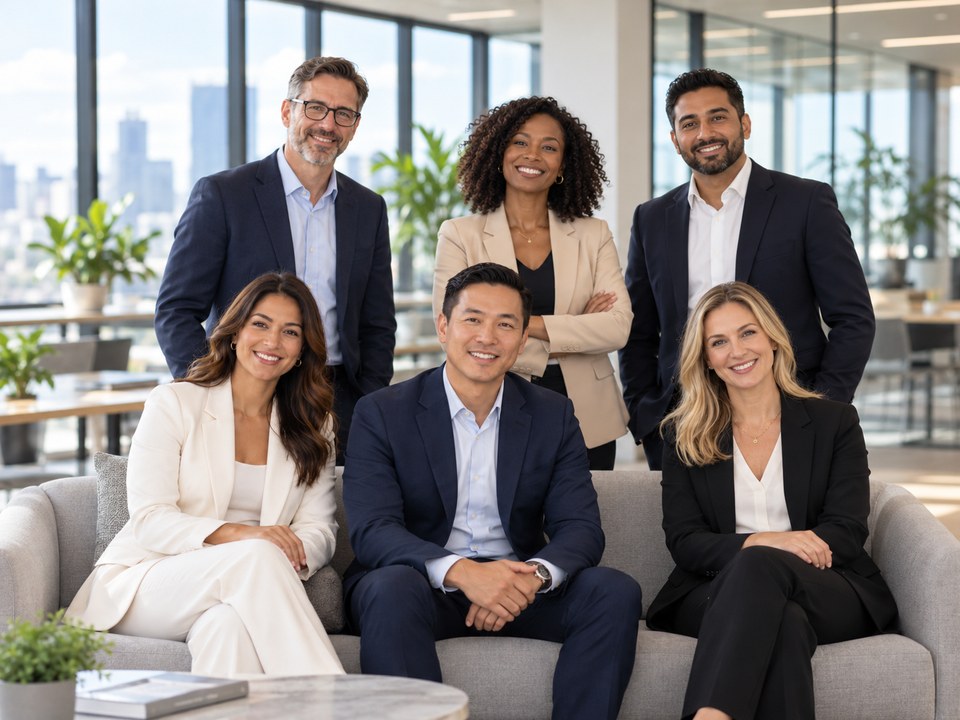 Illustrative portrait of six business professionals smiling toward the camera.